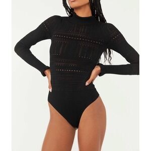 Free People Eyelet Pointelle Me All‎ About it Black Bodysuit Women's Size L